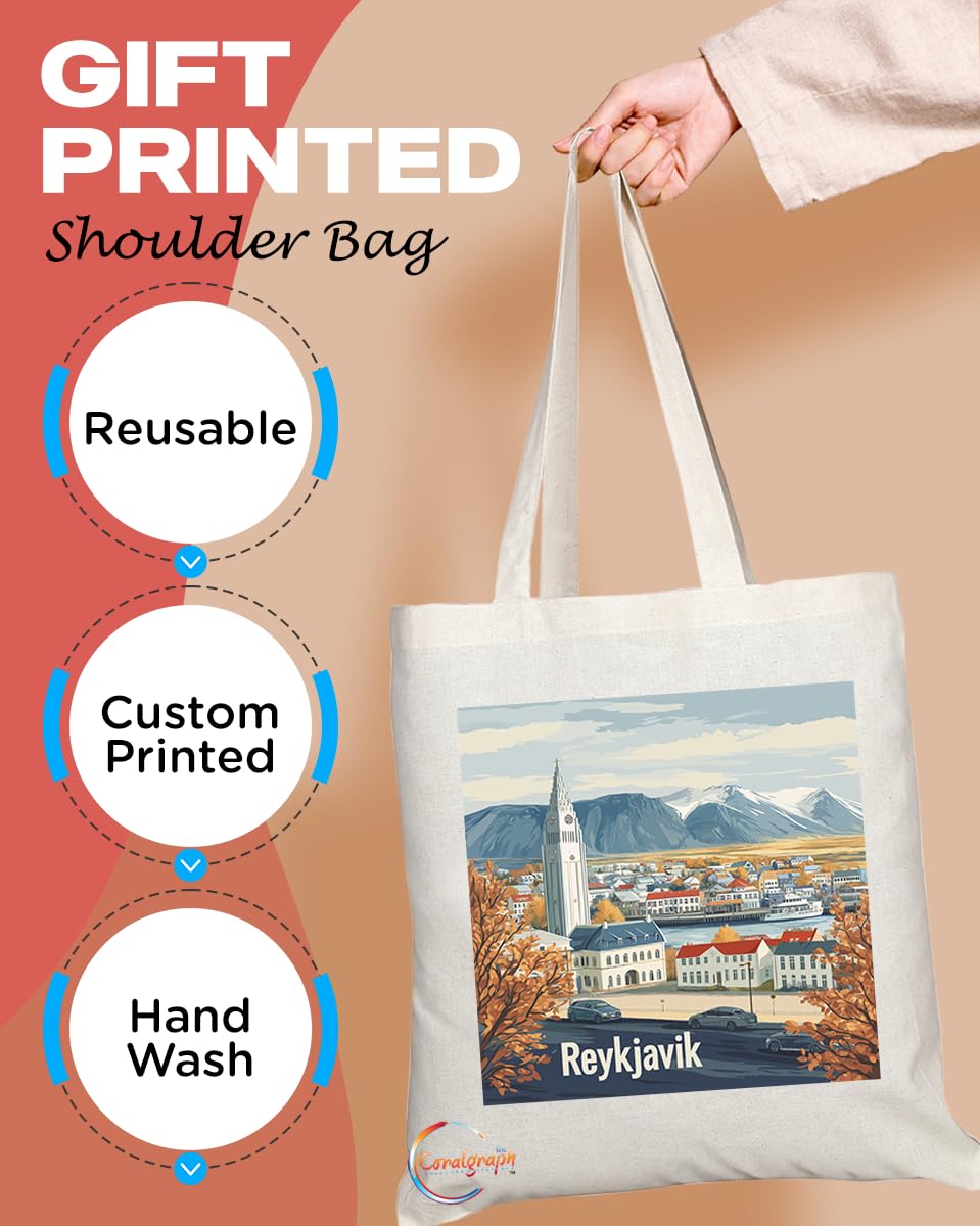 Natural Reusable Shopping Souvenir Tote Bag Featuring Popular Cities and Capitals from Europe and Around the World (Reykjavik)