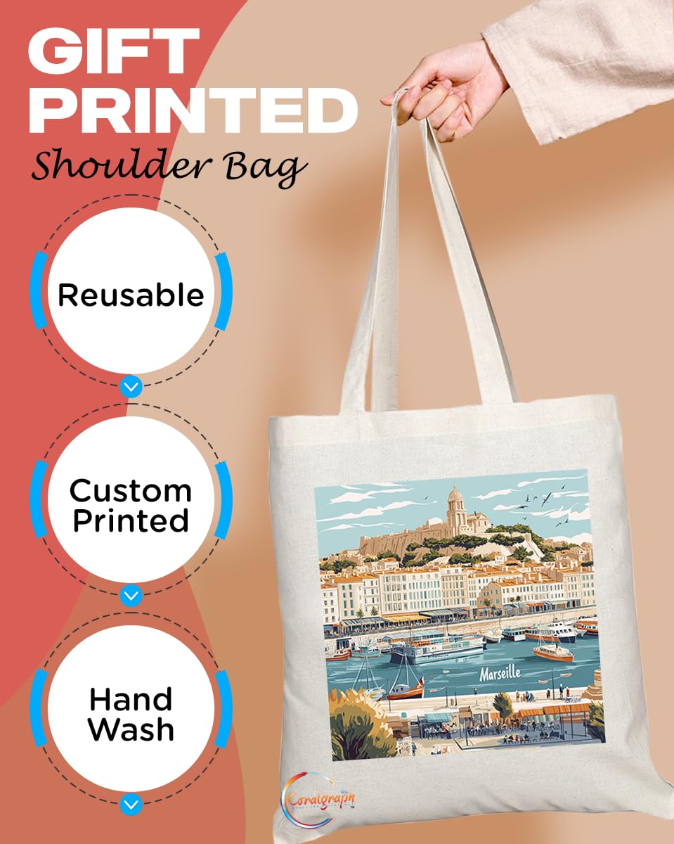 Natural Reusable Shopping Souvenir Tote Bag Featuring Popular Cities and Capitals from Europe and Around the World (Marseille)