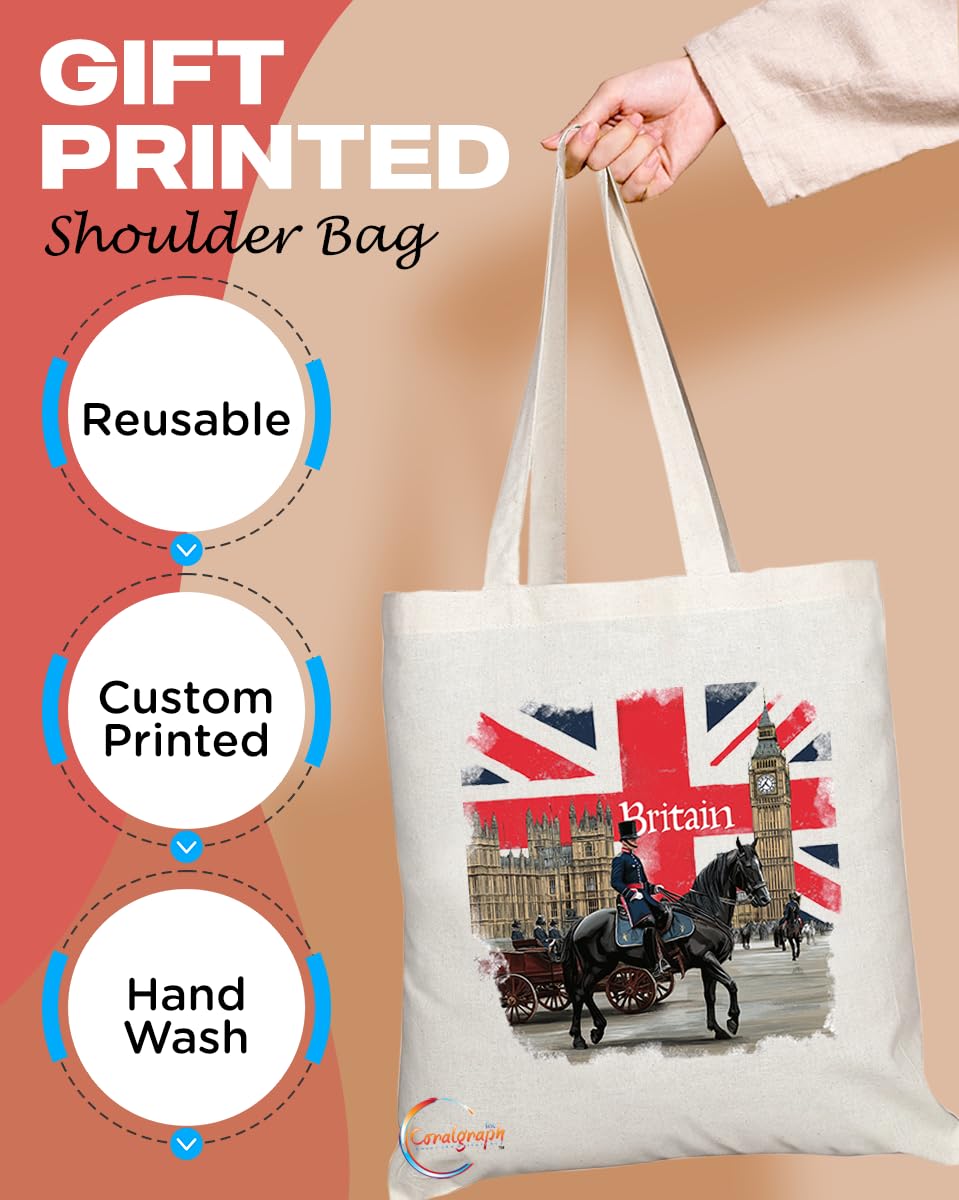 TB2030 - Natural Reusable Shopping Souvenir Tote Bag Featuring Great Britain - (Design 3)