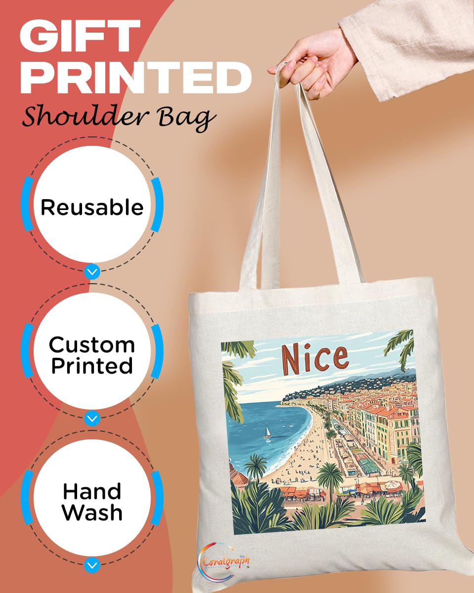 Natural Reusable Shopping Souvenir Tote Bag Featuring Popular Cities and Capitals from Europe and Around the World (Nice)