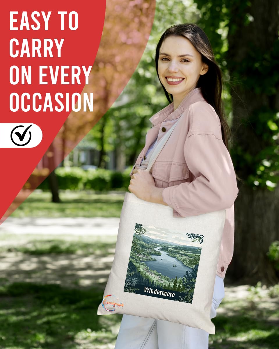 Natural Reusable Shopping Souvenir Tote Bag Featuring Cities and Landmarks in United Kingdom (Windermere)