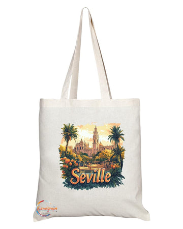 Natural Reusable Shopping Souvenir Tote Bag Featuring Popular Cities and Capitals from Europe and Around the World (Seville)