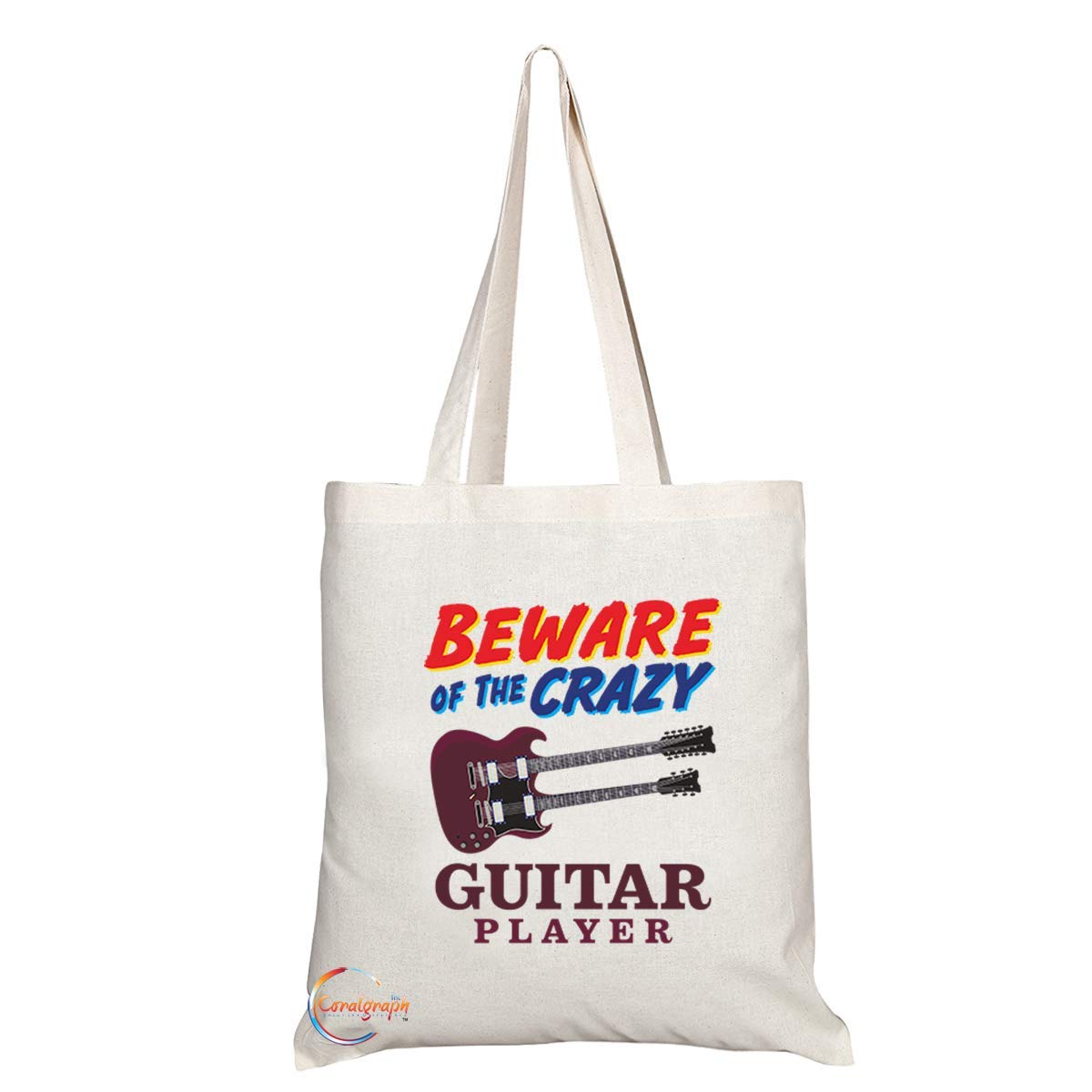 TB1008 Beware of the Crazy Guitar Player Novelty Present Gift Printed Eco-Friendly Stylish Long Handled Tote Shoulder Bag