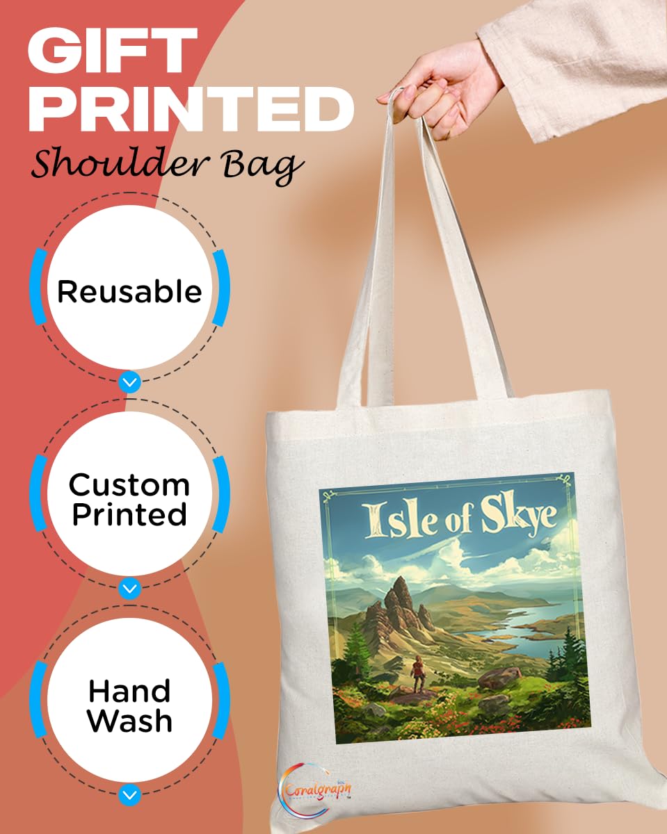 Natural Reusable Shopping Souvenir Tote Bag Featuring Cities and Landmarks in United Kingdom (Isle Of Skye)