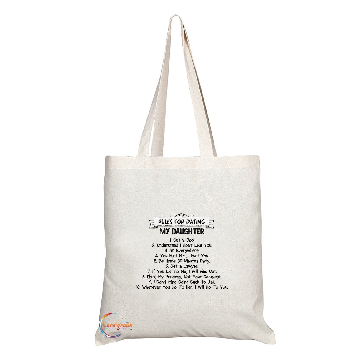 TB123 Funny Rules For Dating My Daughter Novelty Present Gift Printed Eco-Friendly Stylish Long Handled Tote Shoulder Bag