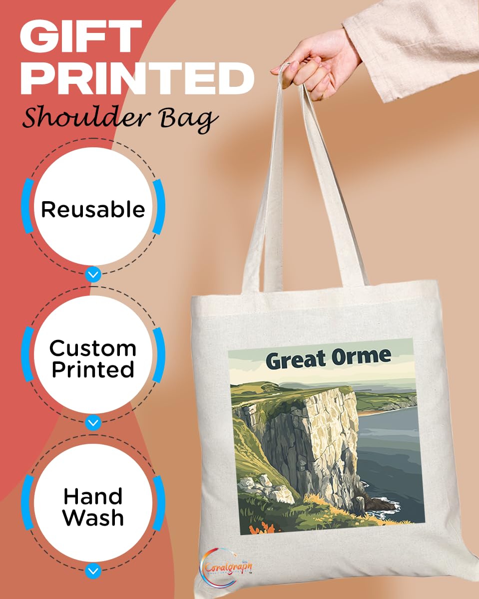 Natural Reusable Shopping Souvenir Tote Bag Featuring Cities and Landmarks in United Kingdom (Great Orme)