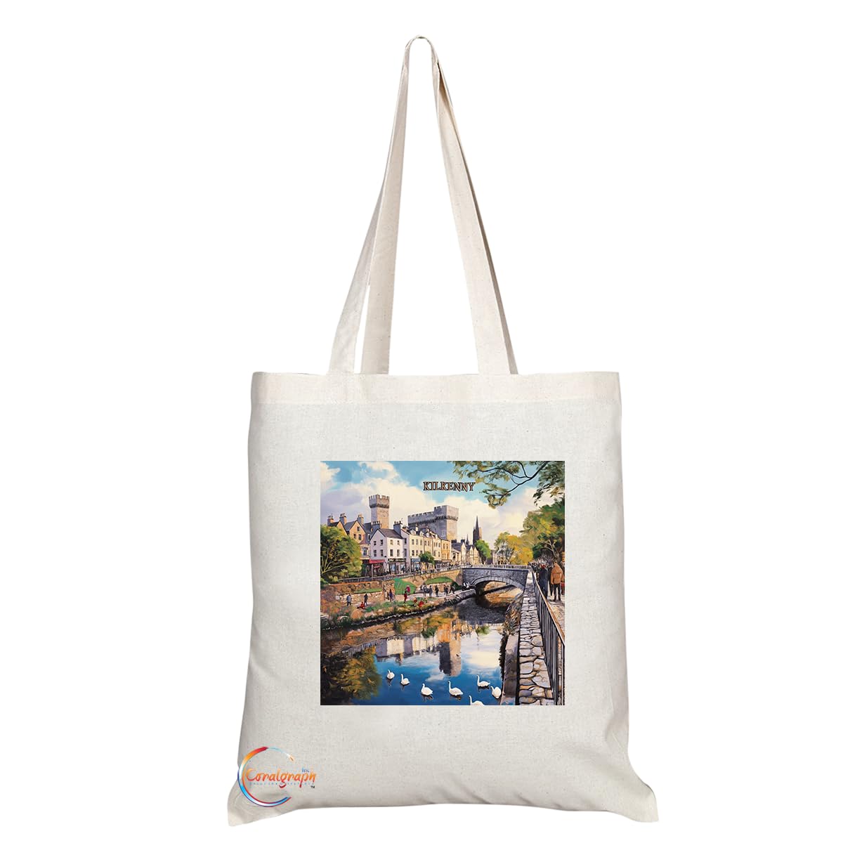 Natural Reusable Shopping Souvenir Tote Bag Featuring Cities and Landmarks in United Kingdom (Kilkenny)