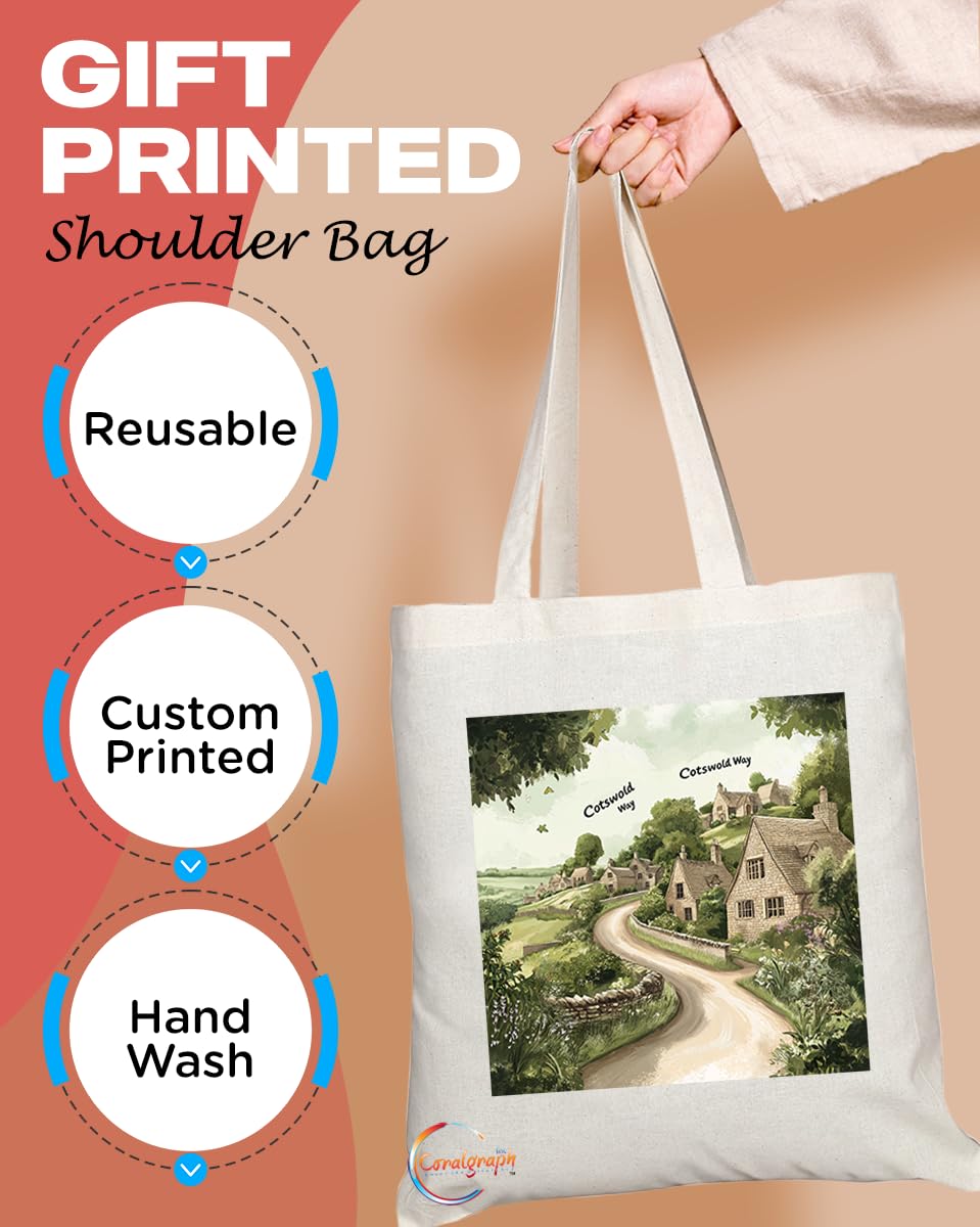 Natural Reusable Shopping Souvenir Tote Bag Featuring Cities and Landmarks in United Kingdom (Cotswold Way)