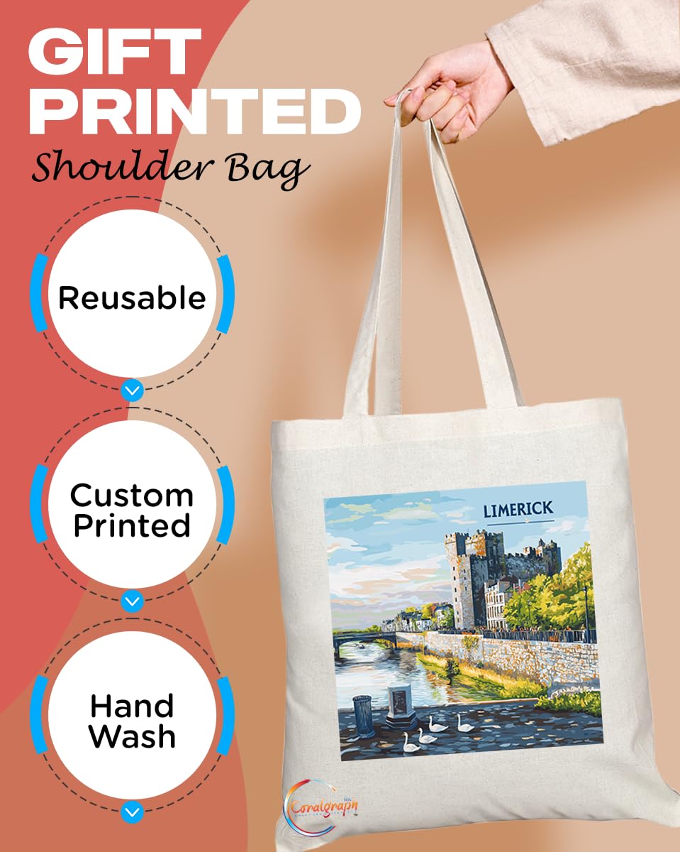 Natural Reusable Shopping Souvenir Tote Bag Featuring Cities and Landmarks in United Kingdom (Limerick)