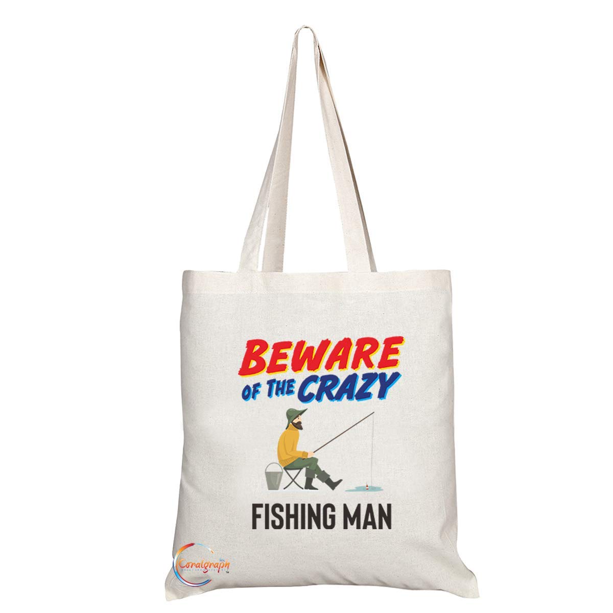TB1051 Beware of the Crazy Fishing Man Novelty Present Gift Printed Eco-Friendly Stylish Long Handled Tote Shoulder Bag
