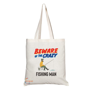 TB1051 Beware of the Crazy Fishing Man Novelty Present Gift Printed Eco-Friendly Stylish Long Handled Tote Shoulder Bag