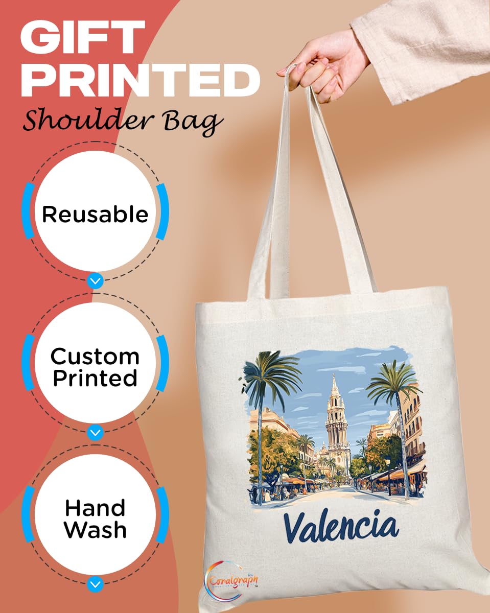 Natural Reusable Shopping Souvenir Tote Bag Featuring Popular Cities and Capitals from Europe and Around the World (Valencia)