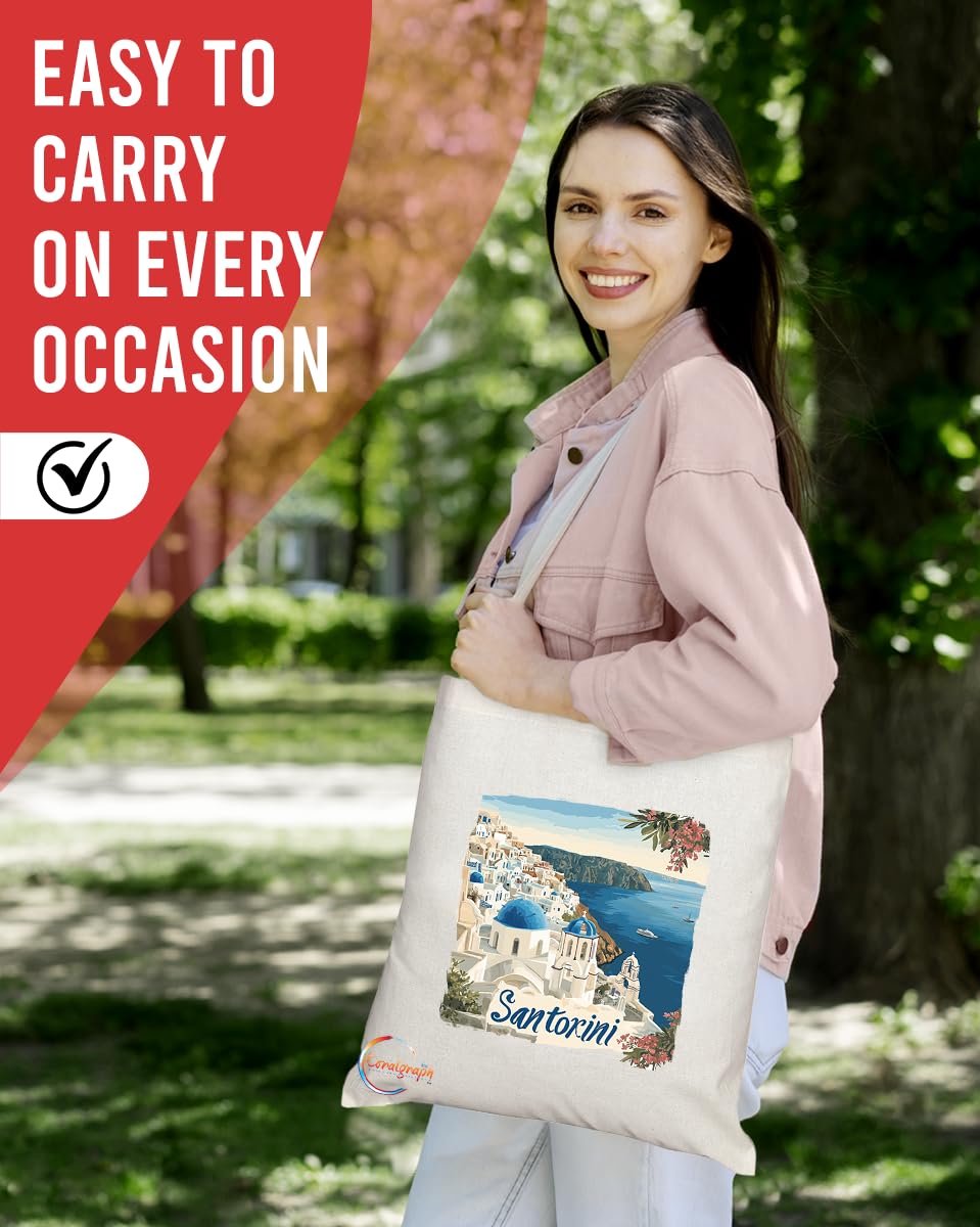 Natural Reusable Shopping Souvenir Tote Bag Featuring Popular Cities and Capitals from Europe and Around the World (Santorini)