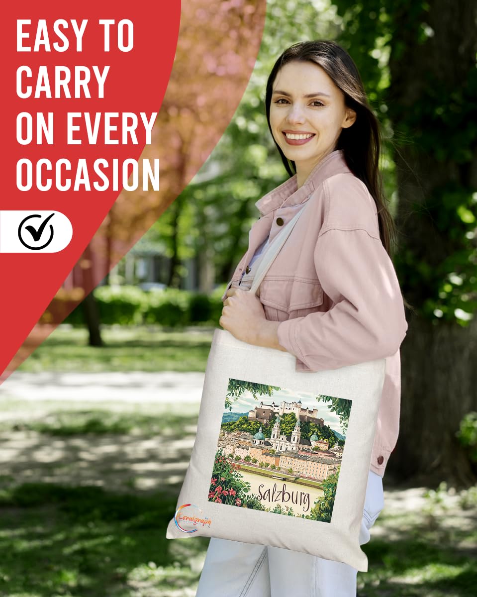 Natural Reusable Shopping Souvenir Tote Bag Featuring Popular Cities and Capitals from Europe and Around the World (Salzburg)