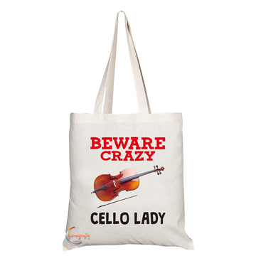 TB350 Beware Crazy Cello Lady Novelty Present Gift Printed Eco-Friendly Stylish Long Handled Tote Shoulder Bag