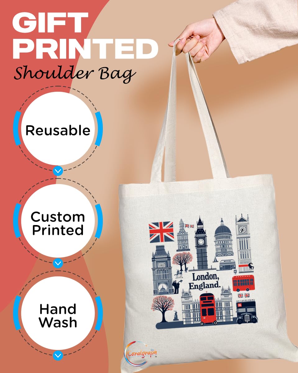 TB2050 - Natural Reusable Shopping Souvenir Tote Bag Featuring London - (Design 7)