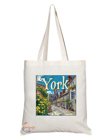 Natural Reusable Shopping Souvenir Tote Bag Featuring Cities and Landmarks in United Kingdom (York)