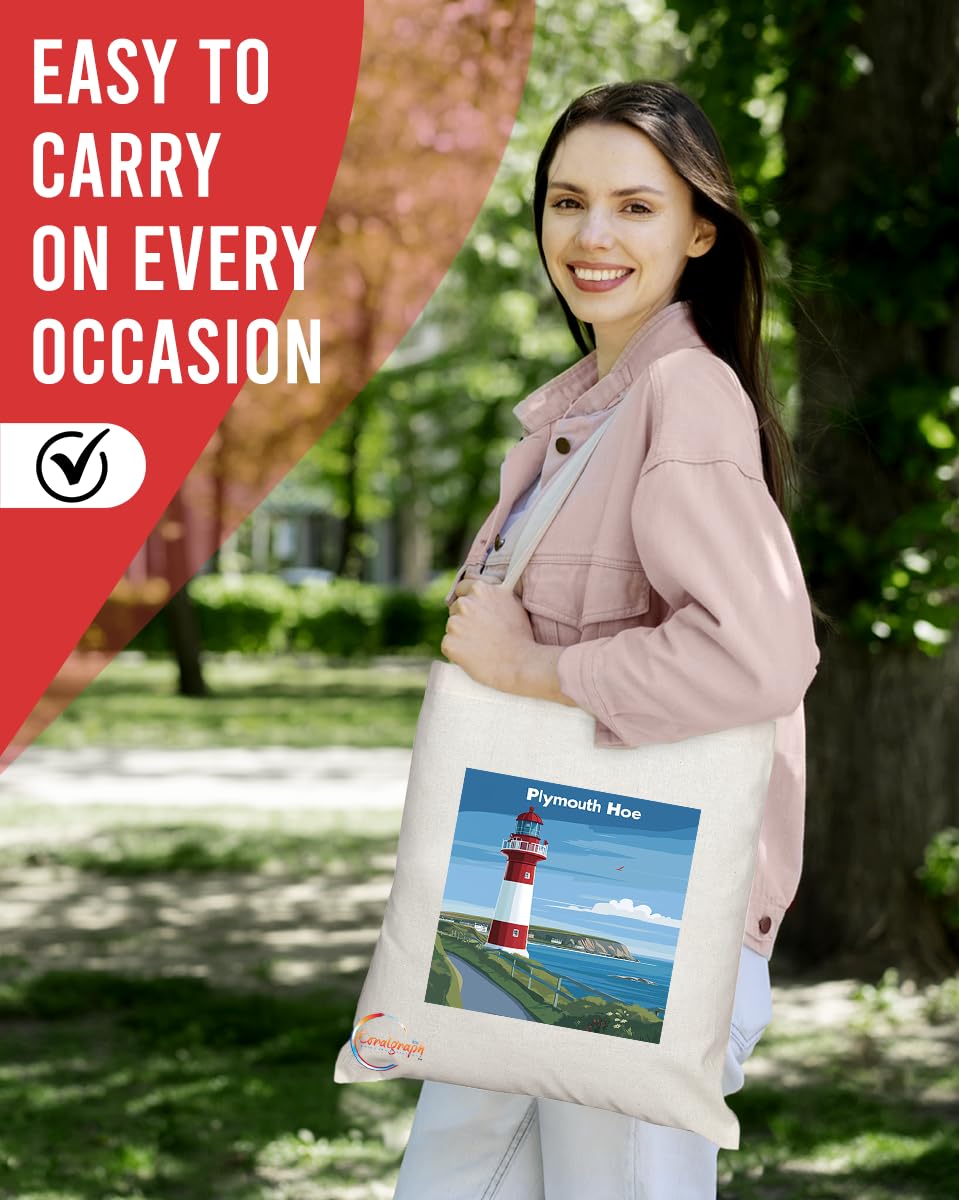 Natural Reusable Shopping Souvenir Tote Bag Featuring Cities and Landmarks in United Kingdom (Plymouth)