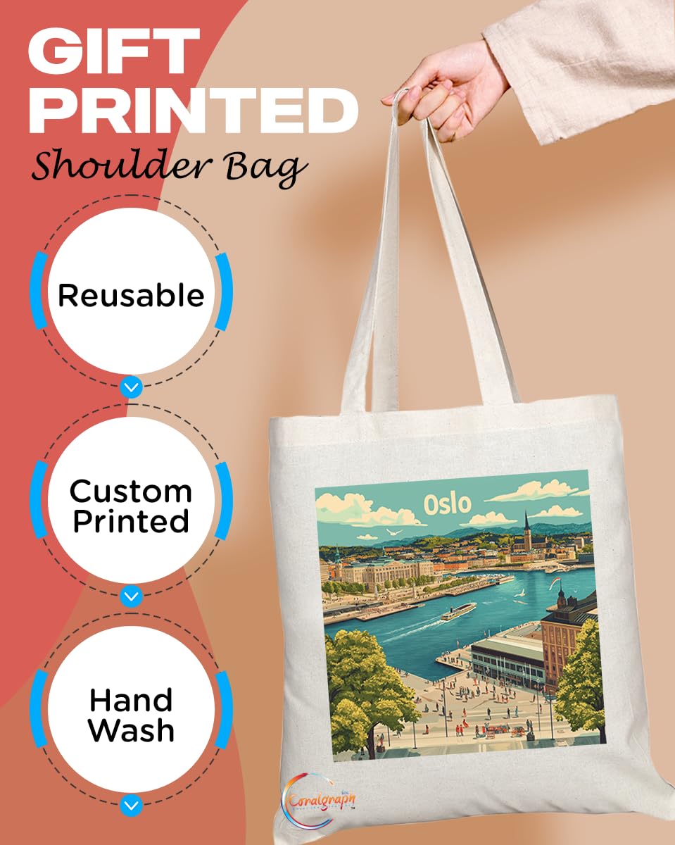 Natural Reusable Shopping Souvenir Tote Bag Featuring Popular Cities and Capitals from Europe and Around the World (Oslo)