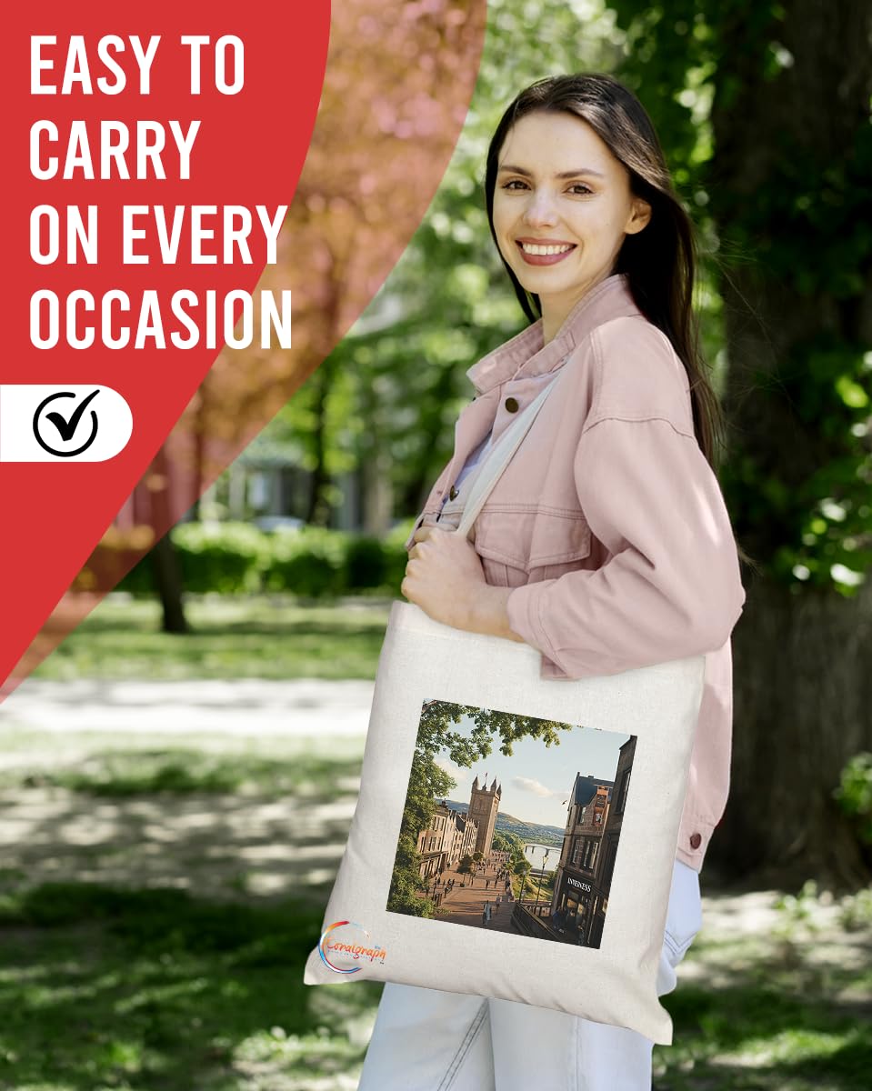 Natural Reusable Shopping Souvenir Tote Bag Featuring Cities and Landmarks in United Kingdom (Inverness)