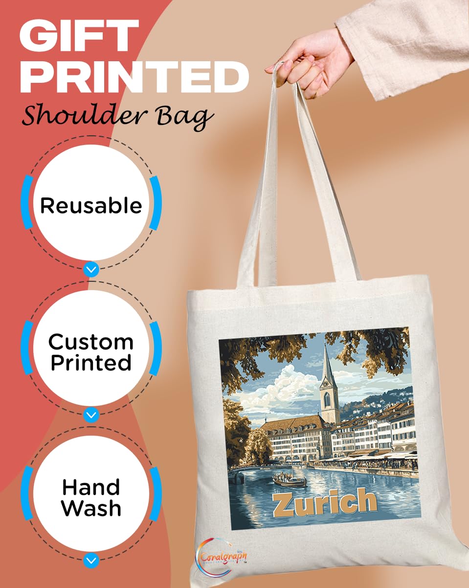 Natural Reusable Shopping Souvenir Tote Bag Featuring Popular Cities and Capitals from Europe and Around the World (Zurich)
