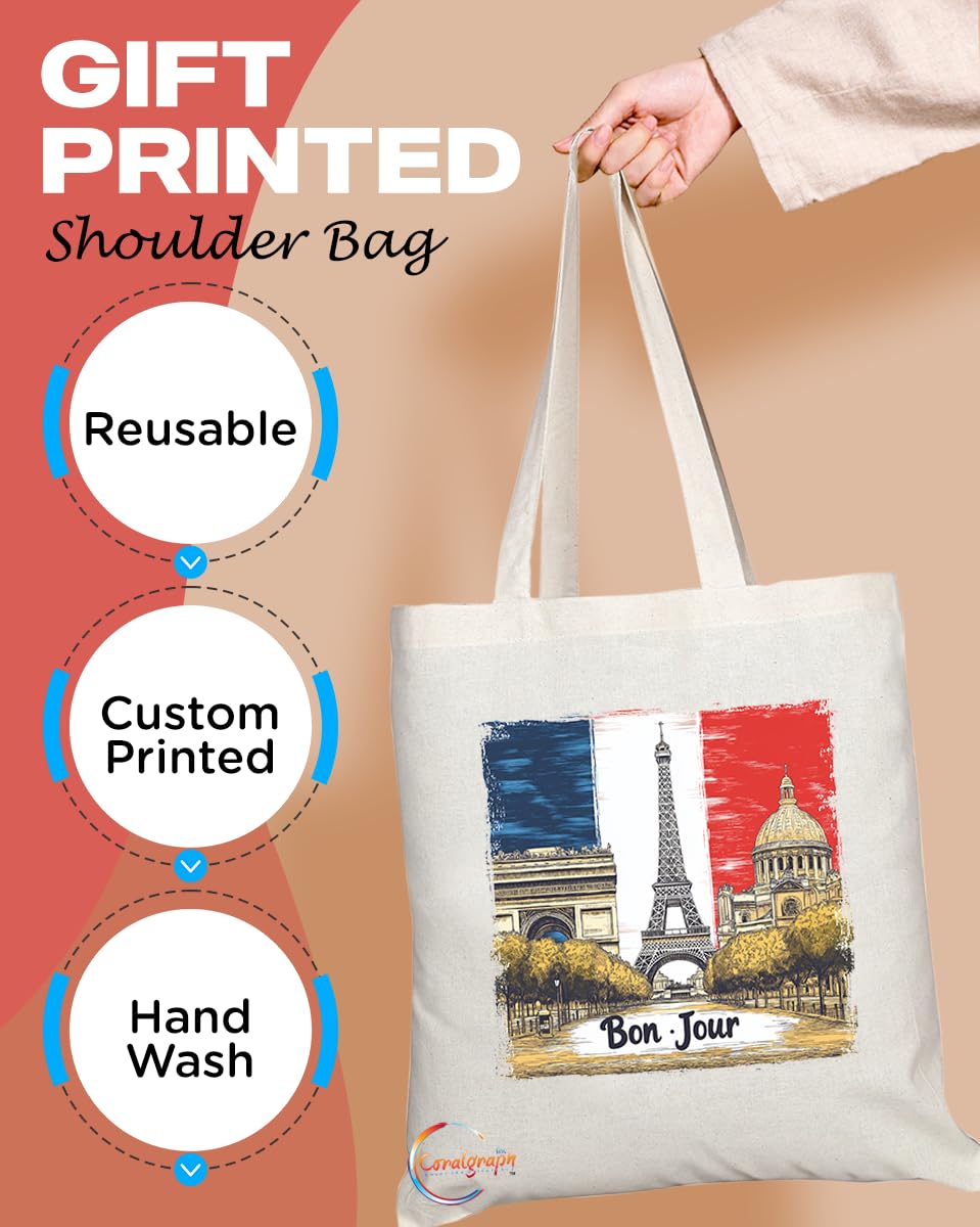 TB2040 - Natural Reusable Shopping Souvenir Tote Bag Featuring Paris (Design 4)