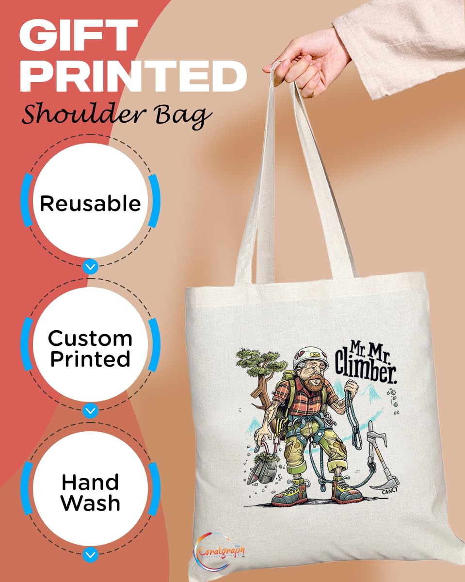 TB1962 Mr Climber Souvenir Tote Bag - Depicting a Brave Climber Conquering Heights - Memory Keepsake for Rock Climbing Enthusiasts - Mr Climber Memorabilia