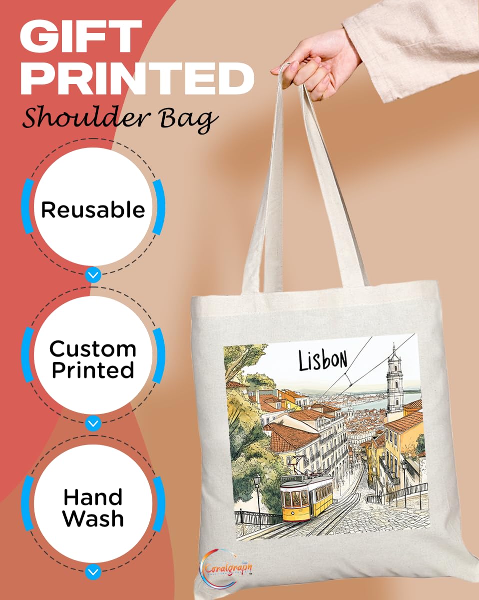 Natural Reusable Shopping Souvenir Tote Bag Featuring Popular Cities and Capitals from Europe and Around the World (Lisbon)