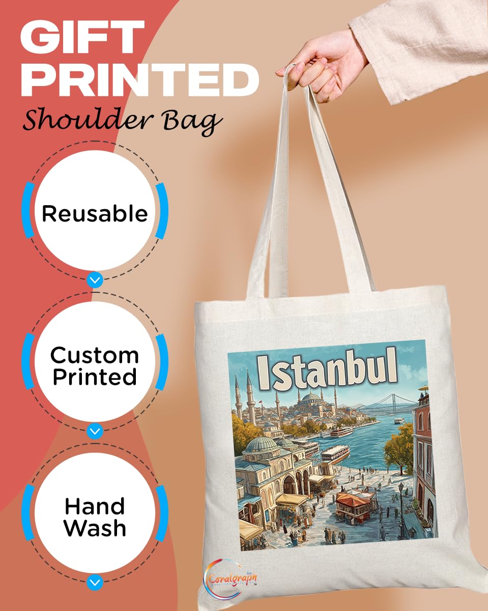 Natural Reusable Shopping Souvenir Tote Bag Featuring Popular Cities and Capitals from Europe and Around the World (Istanbul)