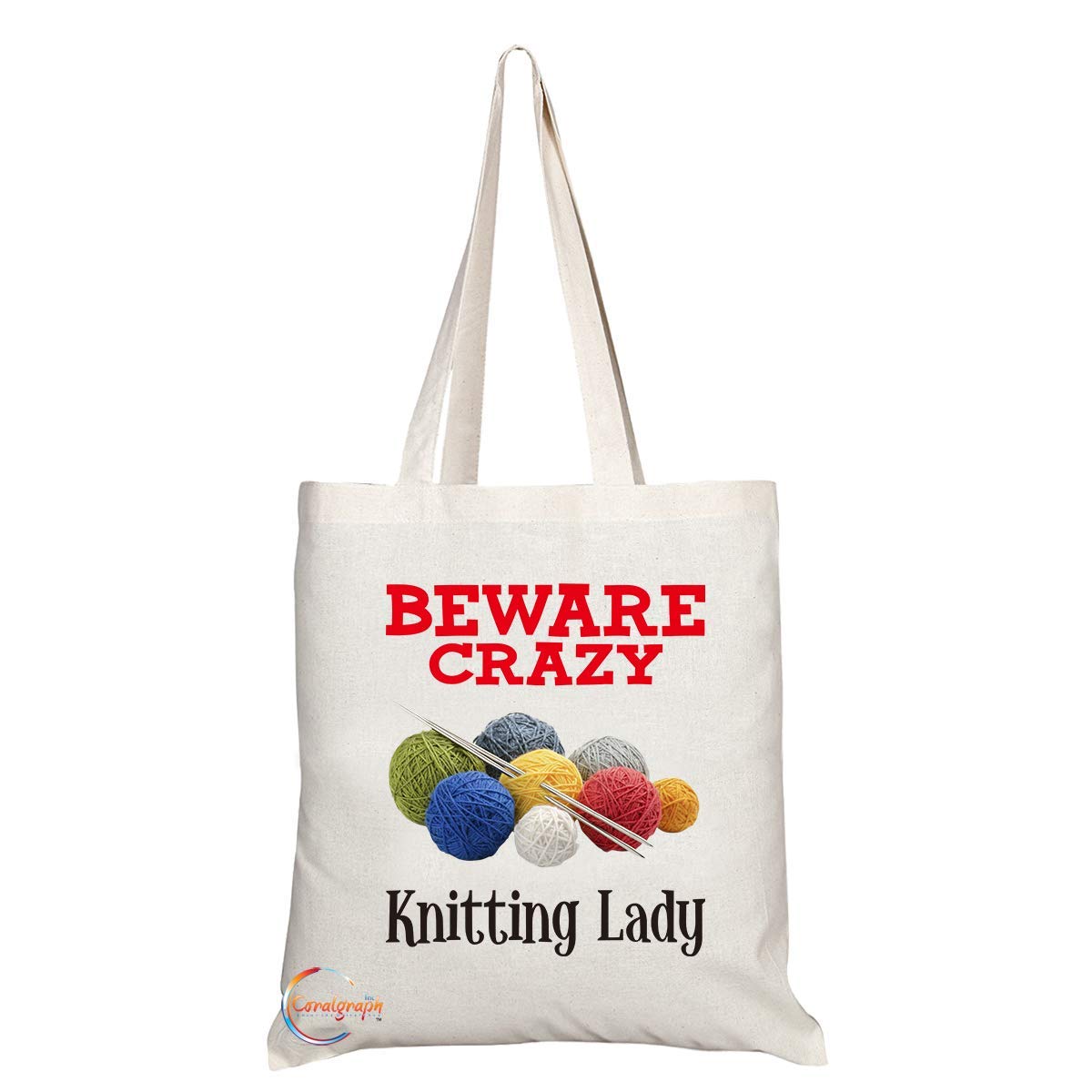 TB353 Beware Crazy Knitting Lady Novelty Present Gift Printed Eco-Friendly Stylish Long Handled Tote Shoulder Bag