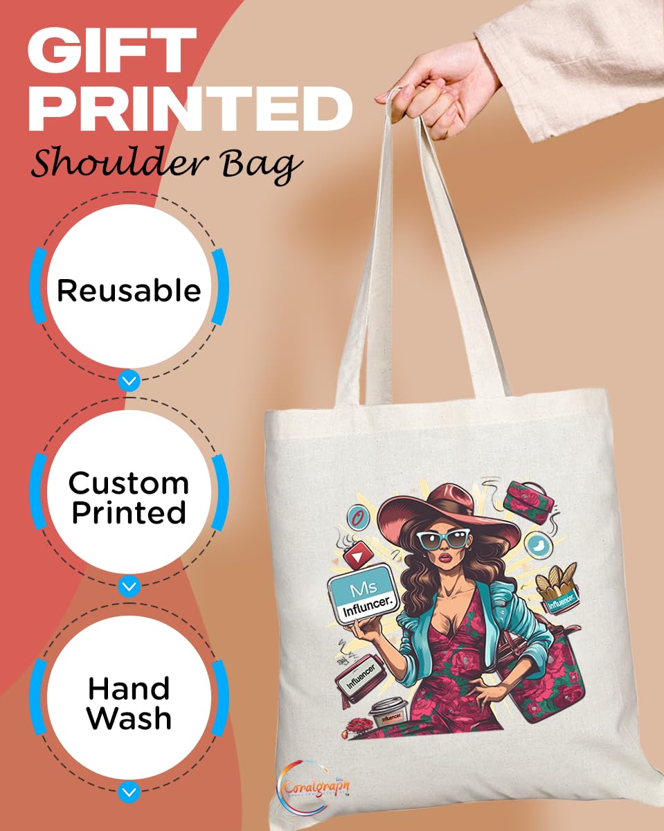 TB1797 Ms Influencer Tote Bag - Funny Exaggerated Social Media Design - Great for Influencers and Content Creators - Sustainable, Stylish, Long Handled, Durable and Reusable