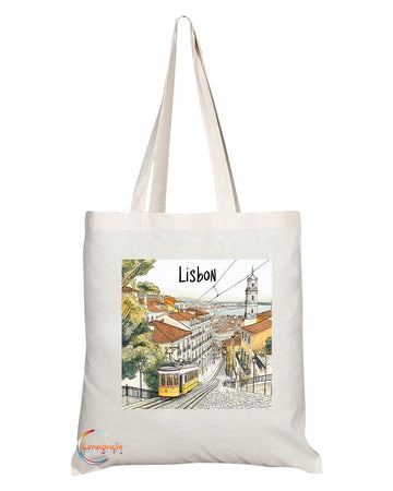 Natural Reusable Shopping Souvenir Tote Bag Featuring Popular Cities and Capitals from Europe and Around the World (Lisbon)