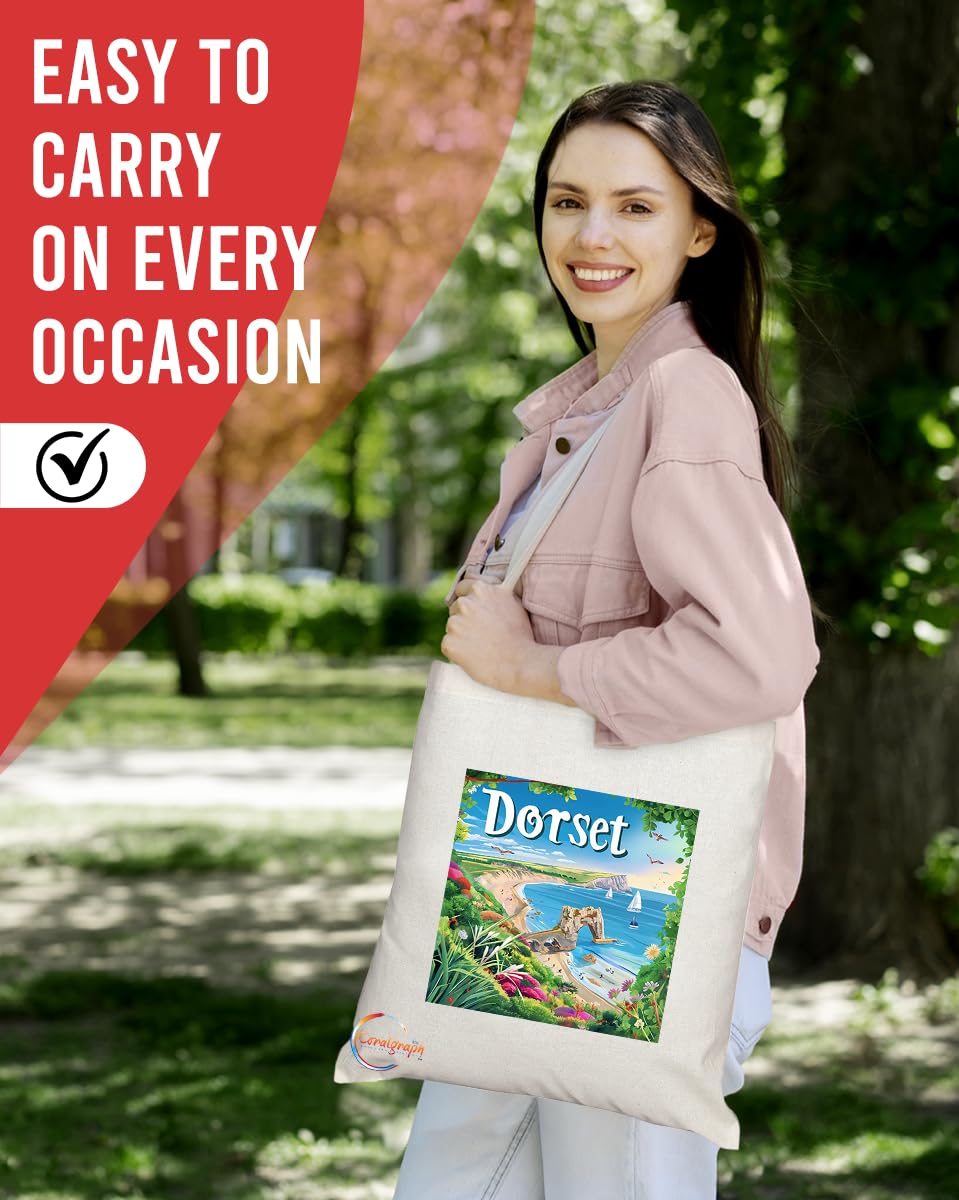 Natural Reusable Shopping Souvenir Tote Bag Featuring Cities and Landmarks in United Kingdom (Dorset)