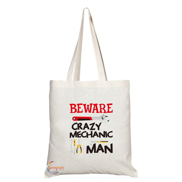 TB249 Beware Crazy Mechanic Man Novelty Present Gift Printed Eco-Friendly Stylish Long Handled Tote Shoulder Bag