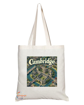 Natural Reusable Shopping Souvenir Tote Bag Featuring Cities and Landmarks in United Kingdom (Cambridge 2)