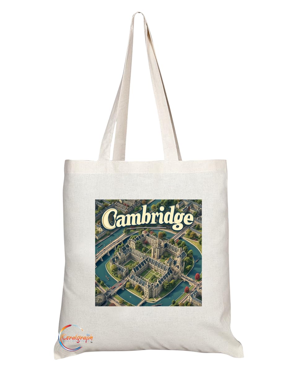 Natural Reusable Shopping Souvenir Tote Bag Featuring Cities and Landmarks in United Kingdom (Cambridge 2)