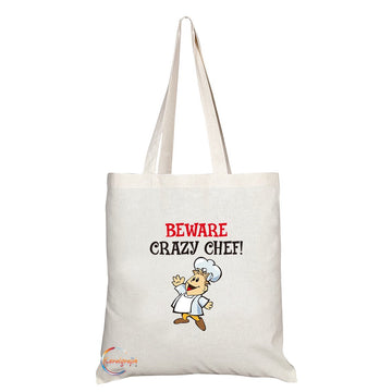 TB289 Beware Crazy Chef! Novelty Present Gift Printed Eco-Friendly Stylish Long Handled Tote Shoulder Bag