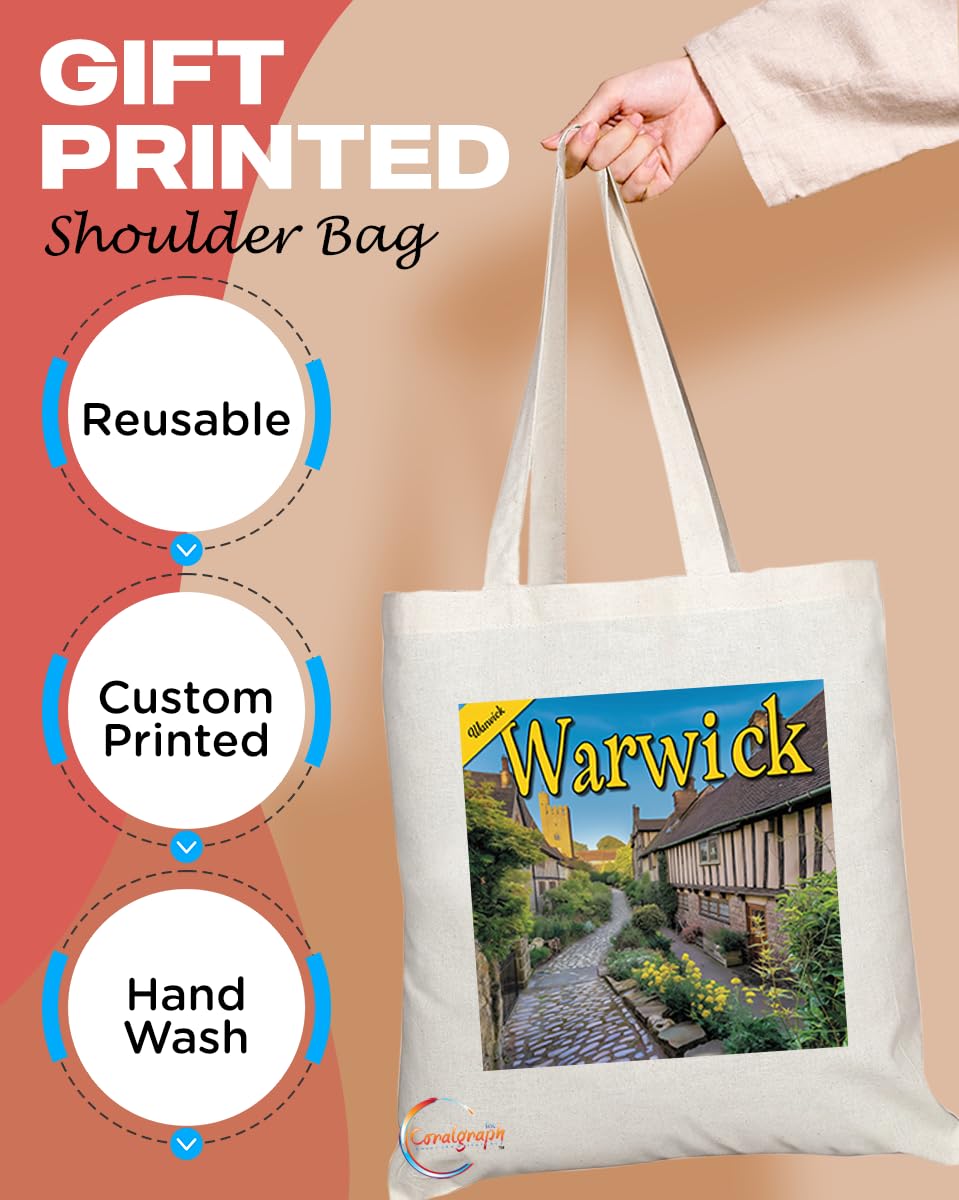 Natural Reusable Shopping Souvenir Tote Bag Featuring Cities and Landmarks in United Kingdom (Warwick)