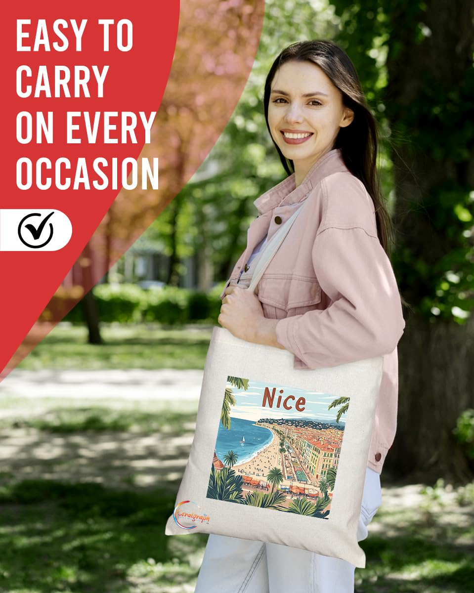 Natural Reusable Shopping Souvenir Tote Bag Featuring Popular Cities and Capitals from Europe and Around the World (Nice)