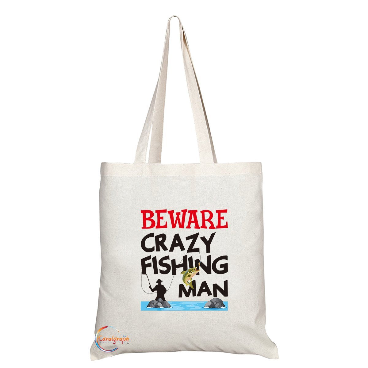 TB271 Beware Crazy Fishing Man Novelty Present Gift Printed Eco-Friendly Stylish Long Handled Tote Shoulder Bag