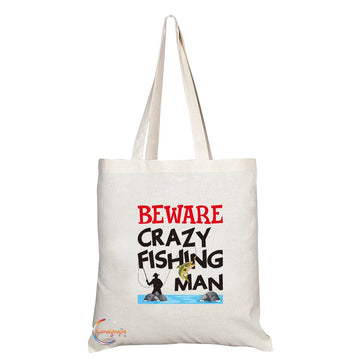 TB271 Beware Crazy Fishing Man Novelty Present Gift Printed Eco-Friendly Stylish Long Handled Tote Shoulder Bag