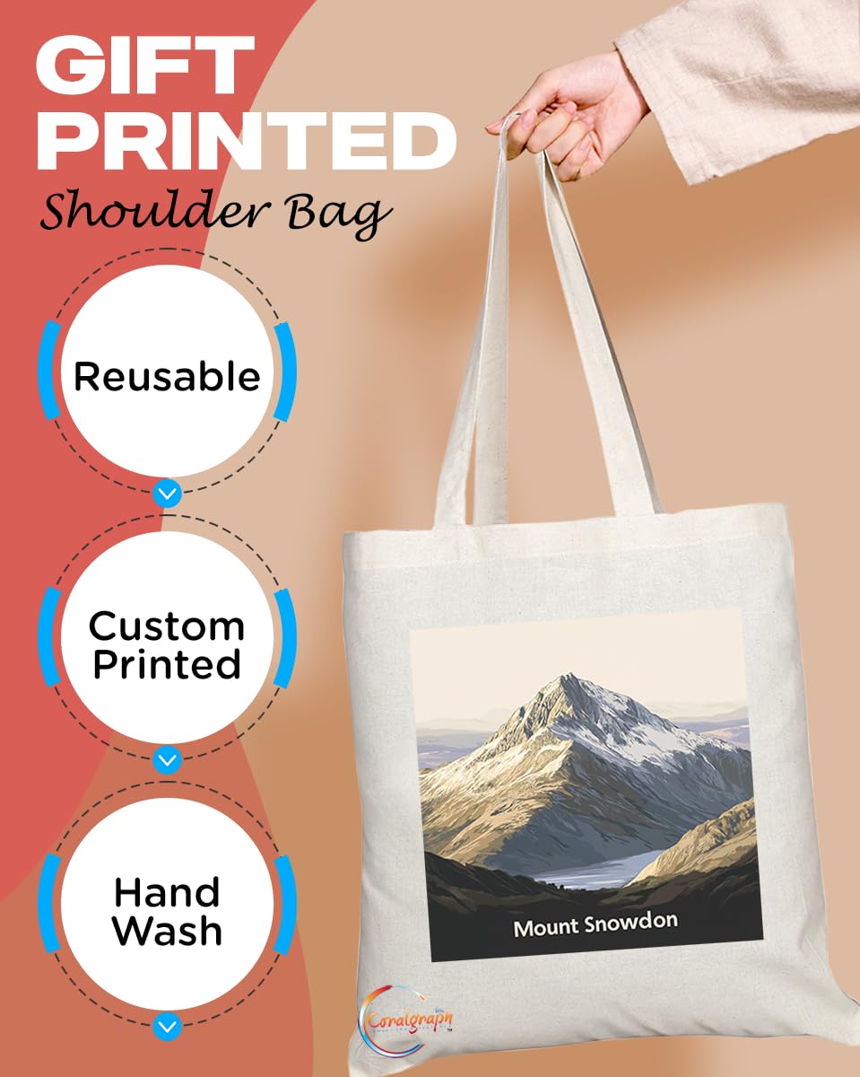 Natural Reusable Shopping Souvenir Tote Bag Featuring Cities and Landmarks in United Kingdom (Mount Snowdon)
