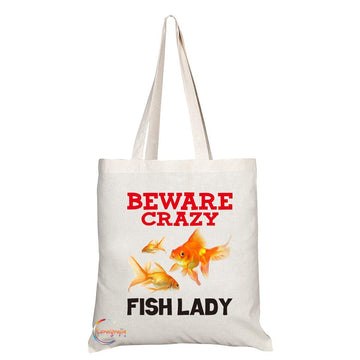 TB392 Beware Crazy Fish Lady Novelty Present Gift Printed Eco-Friendly Stylish Long Handled Tote Shoulder Bag