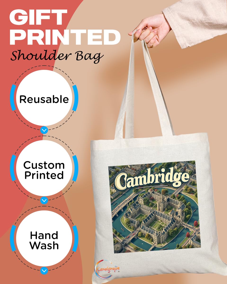 Natural Reusable Shopping Souvenir Tote Bag Featuring Cities and Landmarks in United Kingdom (Cambridge 2)