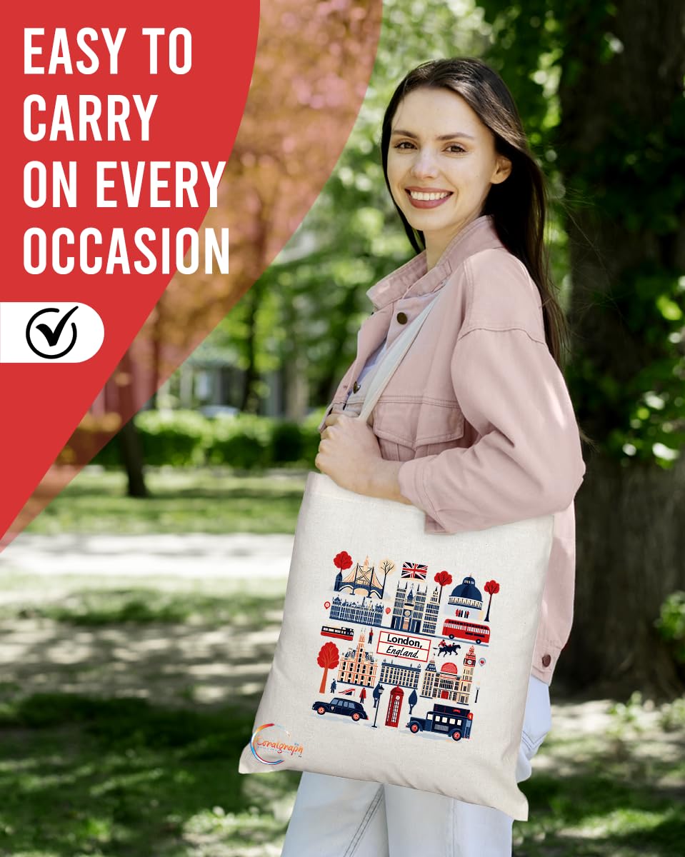 TB2051 - Natural Reusable Shopping Souvenir Tote Bag Featuring London - (Design 8)