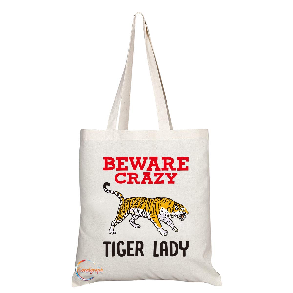 TB361 Beware Crazy Tiger Lady Novelty Present Gift Printed Eco-Friendly Stylish Long Handled Tote Shoulder Bag