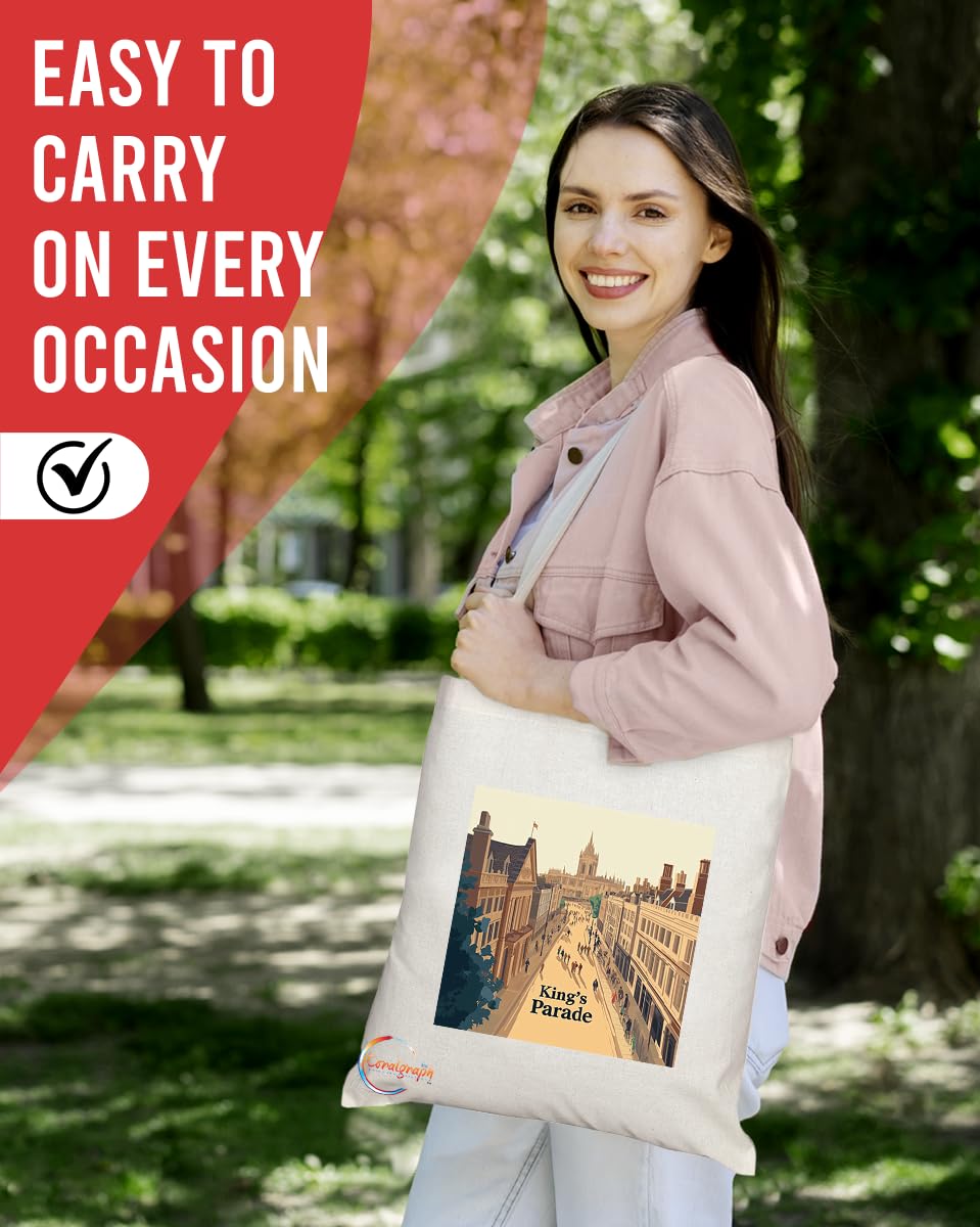 Natural Reusable Shopping Souvenir Tote Bag Featuring Cities and Landmarks in United Kingdom (Cambridge Kings Parade)
