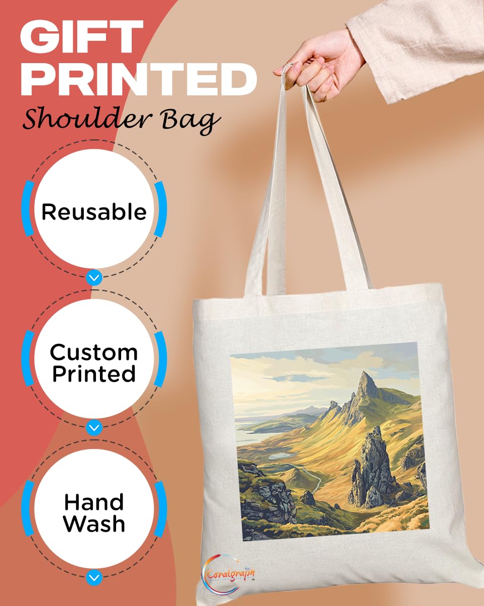 Natural Reusable Shopping Souvenir Tote Bag Featuring Cities and Landmarks in United Kingdom (Trotternish Penninsula)