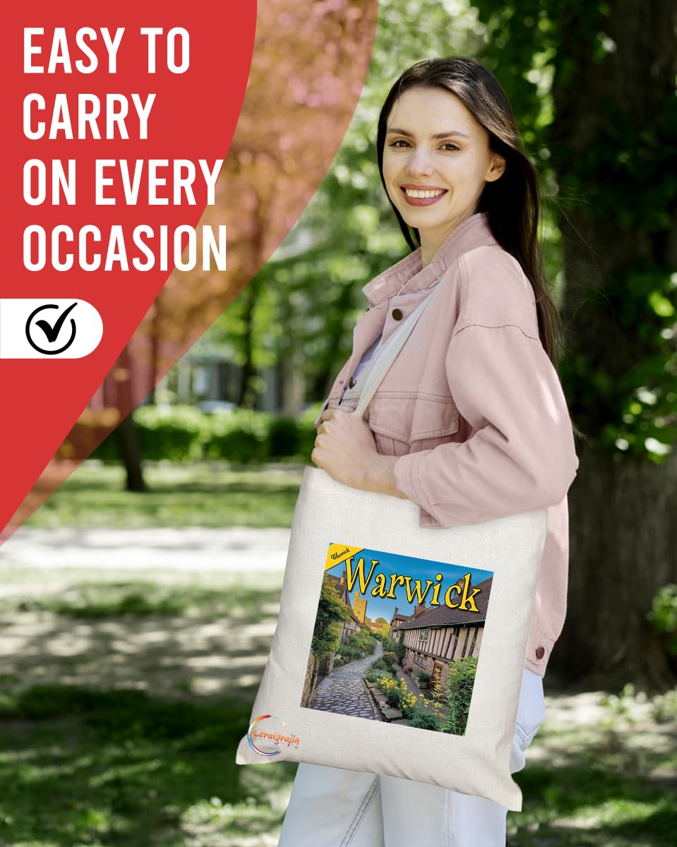Natural Reusable Shopping Souvenir Tote Bag Featuring Cities and Landmarks in United Kingdom (Warwick)