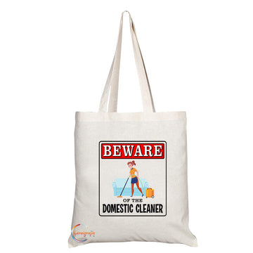 TB977 Beware of the Domestic Cleaner Novelty Present Gift Printed Eco-Friendly Stylish Long Handled Tote Shoulder Bag